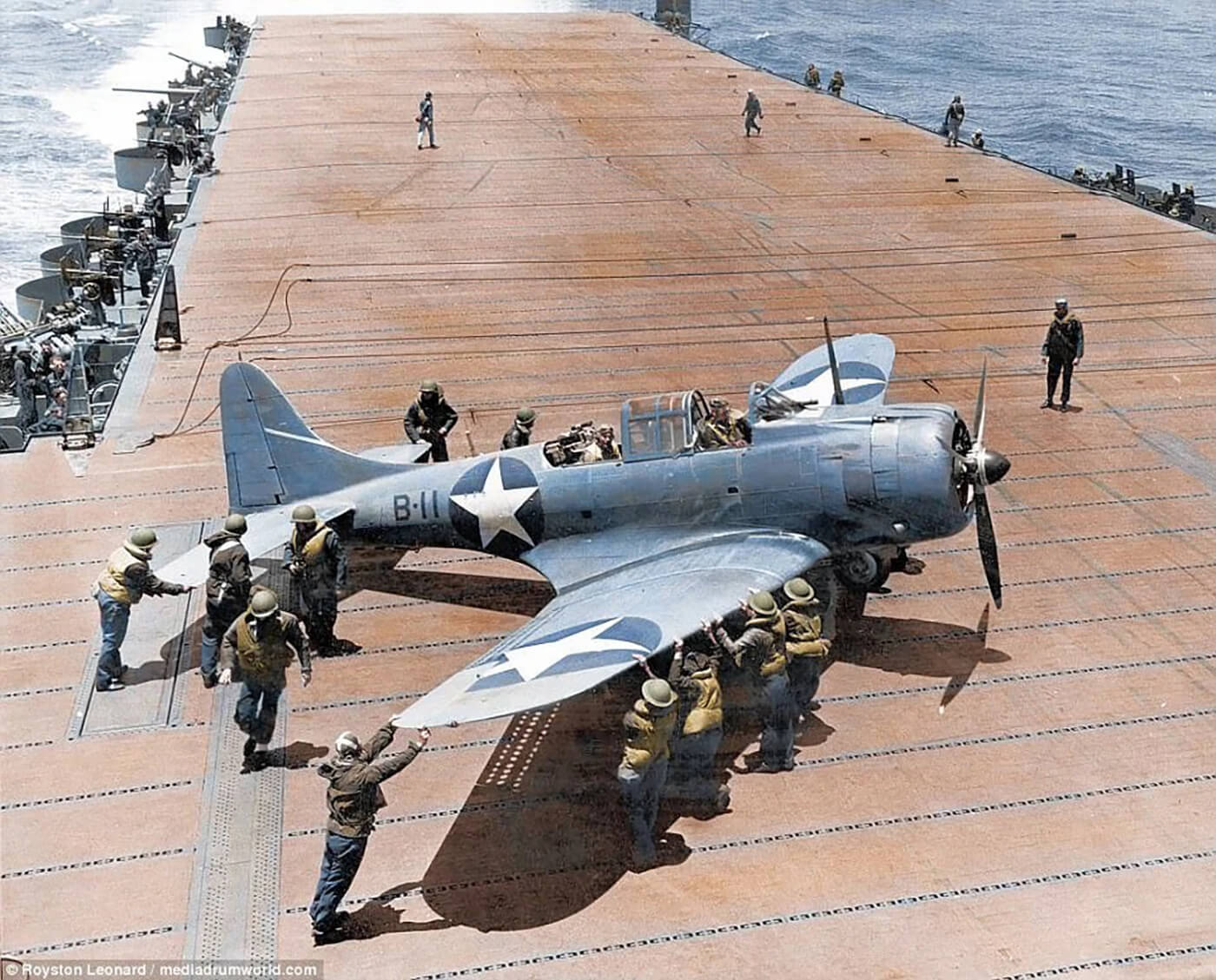 US Navy Douglas SBD-3 Dauntless of bombing squadron VB-8 on the deck of the aircraft carrier USS Hornet (CV-8) during the Battle of Midway in 1942