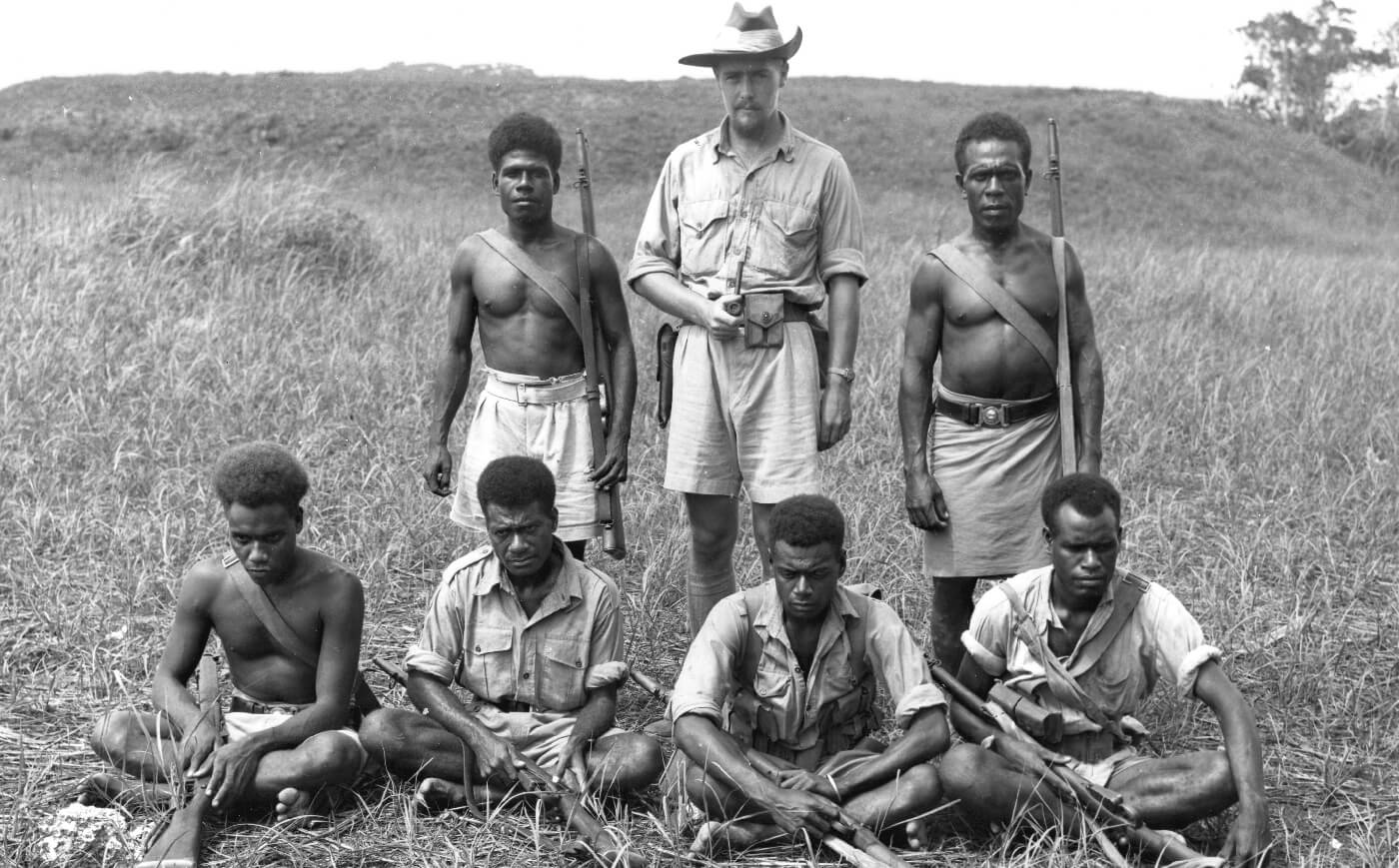 Captain Martin Clemens (rear centre), a coastwatcher on Guadalcanal, provided intelligence to Allied forces during the battle for the island (August 1942 – February 1943). The men with him were all members of the Solomon Islands police force.