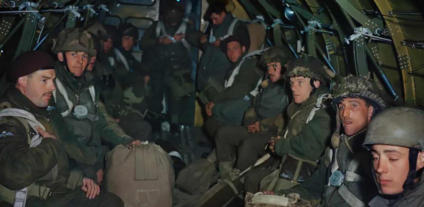 British Paratroopers getting ready for a practice jump at a RAF Dakota base in Down Ampney, Wiltshire. Taken on April 22nd, 1944.
