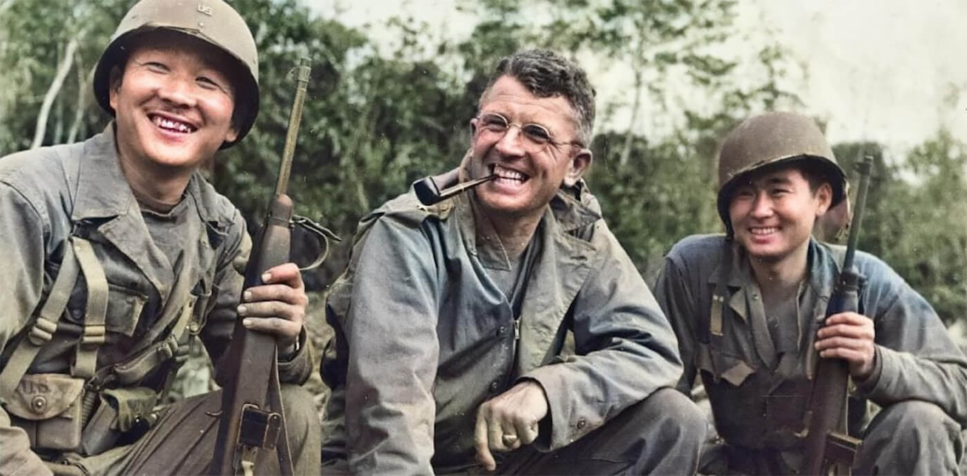 General Frank Merrill, commander of the famed "Merrill's Marauders," with two Japanese-American soldiers in northern Burma on May 1st, 1944.