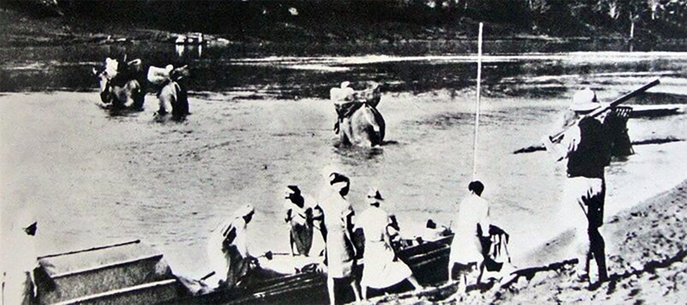 Elephants transporting supplies for the Chindits during Operation Longcloth across the Chindwin River in February 1943.