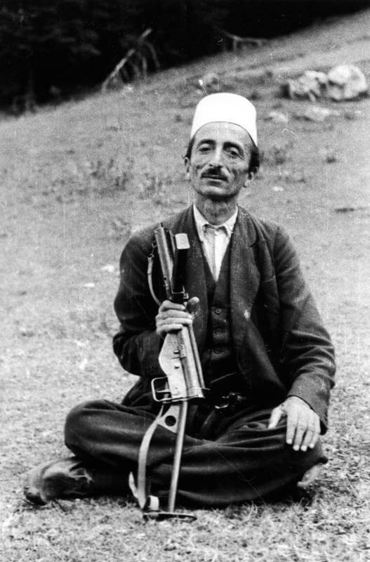 SERVICE OF MAJOR DAVID SMILEY WITH SPECIAL OPERATIONS EXECUTIVE (SOE) IN ALBANIA, 1943 - 1944 (HU 64787) Portrait of Dule Bey Allemani, a tribal chief from Albania, holding a sten gun at Lure during the second SOE mission to Albania, July 1944. Copyright: ý IWM. Original Source: http://www.iwm.org.uk/collections/item/object/205018788