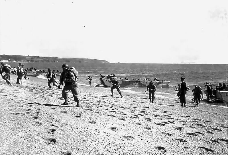 April 1944, U.S. Soldiers training on Slapton Sands embarking from British LCA's.