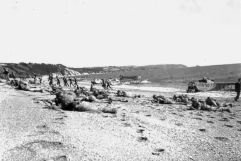 April 1944, U.S. Soldiers training on Slapton Sands embarking from British LCA's.