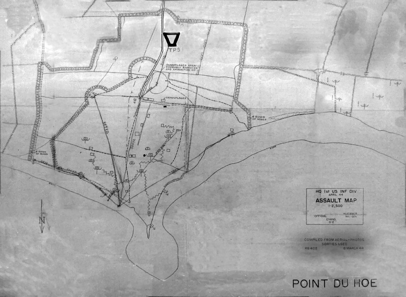 Map produced by General Huebner’s office showing much of Pointe du Hoc, issued as a planning assault map to Lieutenant Colonel Rudder.