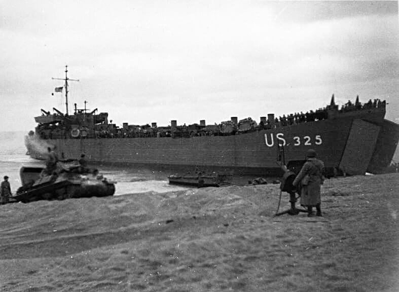 A Landing Ship, Tank (LST) beached at Slapton Sands during training.