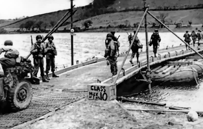 Rubber boat bridge across Slapton Ley during a training exercise at Slapton Sands.