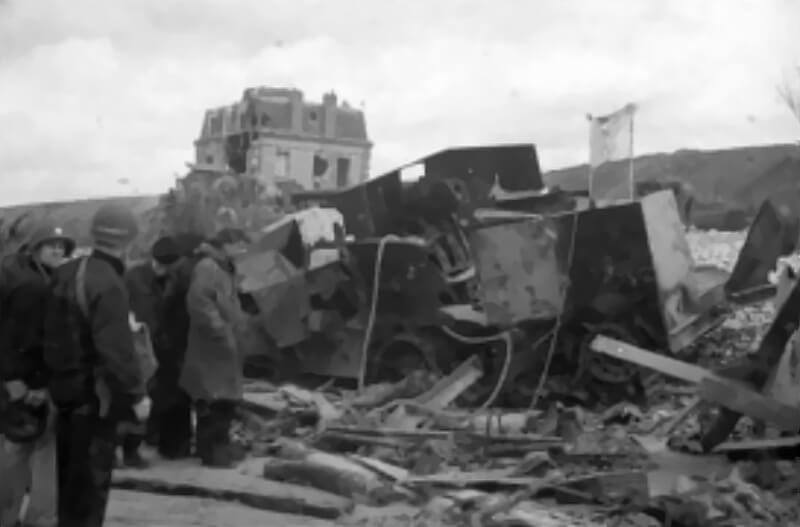 One of the destroyed Half Tracks of the Ranger Cannon Company at Omaha Beach.