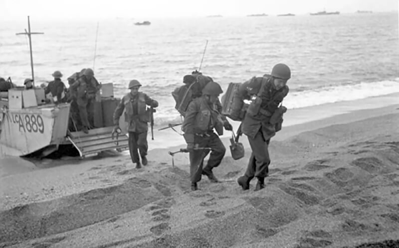 Canadian soldiers embarking at Slapton Sands during Exercise Trousers.