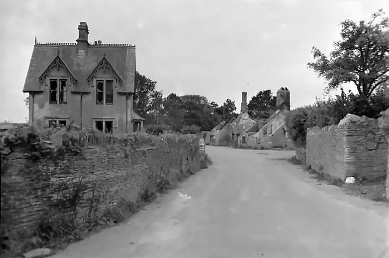 After the exercises: view west along the A379 toward Slapton Sands. Damaged buildings right were later demolished and replaced by a car park.