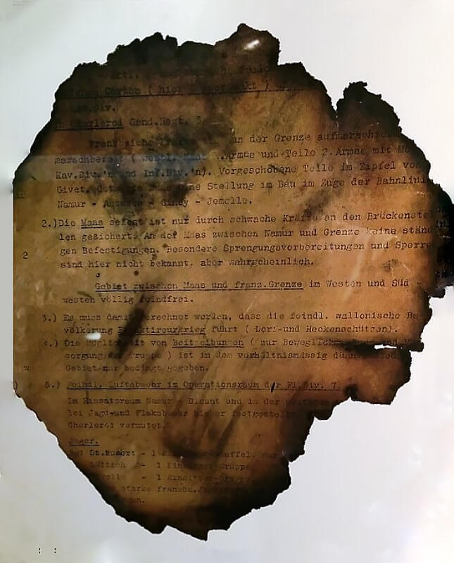 Burned German invasion plans for Belgium, seized in January 1940 from passengers of a plane forced to land in Maasmechelen.