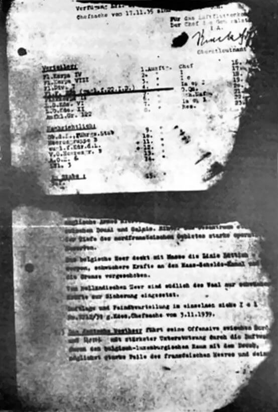 Burned German invasion plans for Belgium, seized in January 1940 from passengers of a plane forced to land in Maasmechelen.