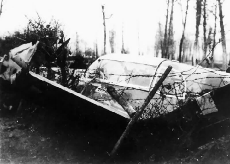 Wreckage of a Messerschmitt Bf 108, crashed and heavily damaged near the village of Vucht, Maasmechelen, Belgium.