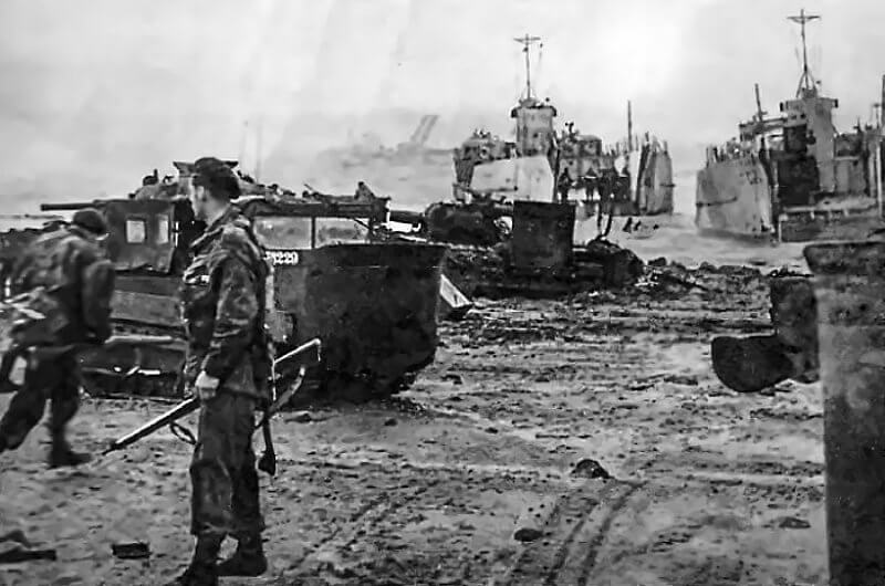 Weasels in British service at Walcheren operate beside a Churchill AVRE, reaching terrain accessible only to infantry.