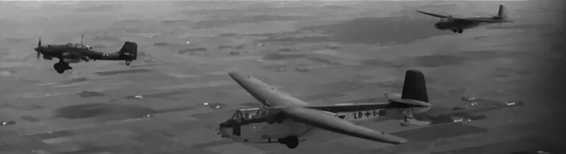 A continuing shortage of Ju 52 aircraft leads to the increased use of the DFS 230 as a transport glider. It is often towed by a Ju 87. The Ju 87 has already proved too vulnerable for operations in heavily defended airspace.