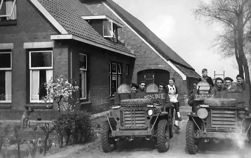 April 12th–13th, 1945, Oranjekanaal. Two of the three SAS jeeps of Captain Betbèze's jeep group at the Pol Farm. Following the departure of the Belgian SAS, the French jeeps continued to scout the area north of the canal, ranging far and wide.