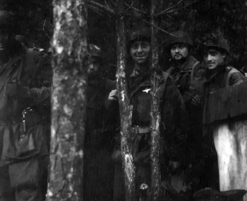 April 10th, 1945, near Appelscha. French SAS paratroopers of Stick Hubler in the woods. That afternoon, Hubler and his men intercepted two Dutch Landwachters and a member of the Dutch SS, accompanied by a woman, on a road through the woods.