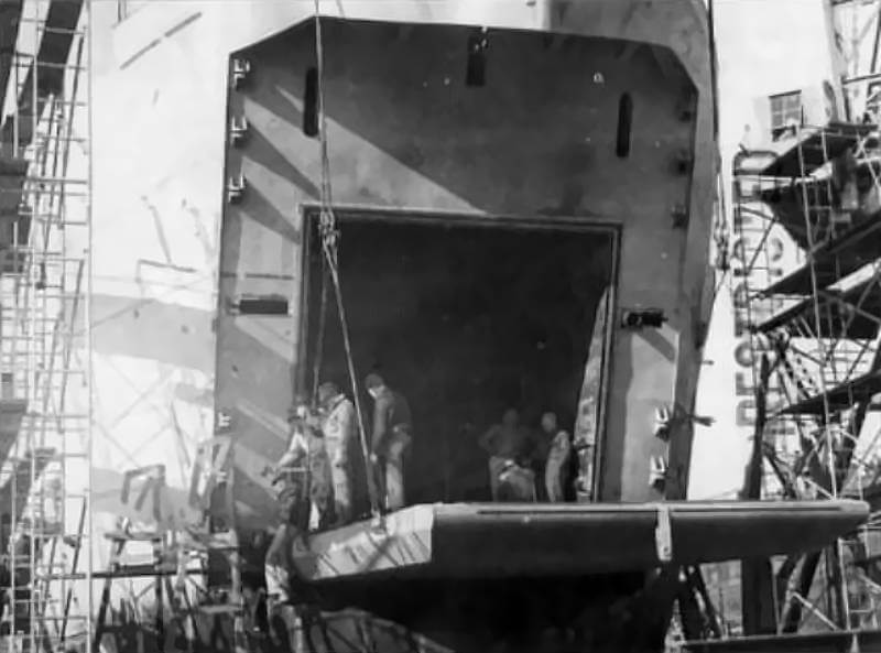 The Bow of LST-157 under construction at Evansville, Indiana.