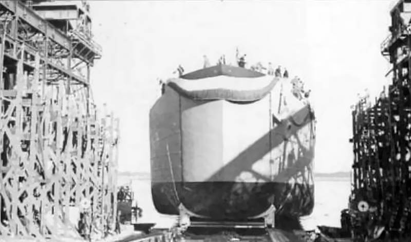 LST 357 being launched from Charleston Navy Yard, South Carolina.
