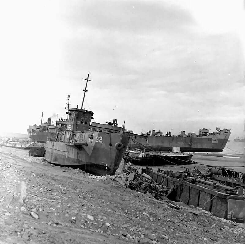 LCI,(L) 92 stranded on the beach of Normandy.