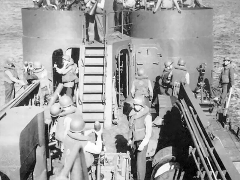 The forward gun of a LCI,(L) as seen from the deck.