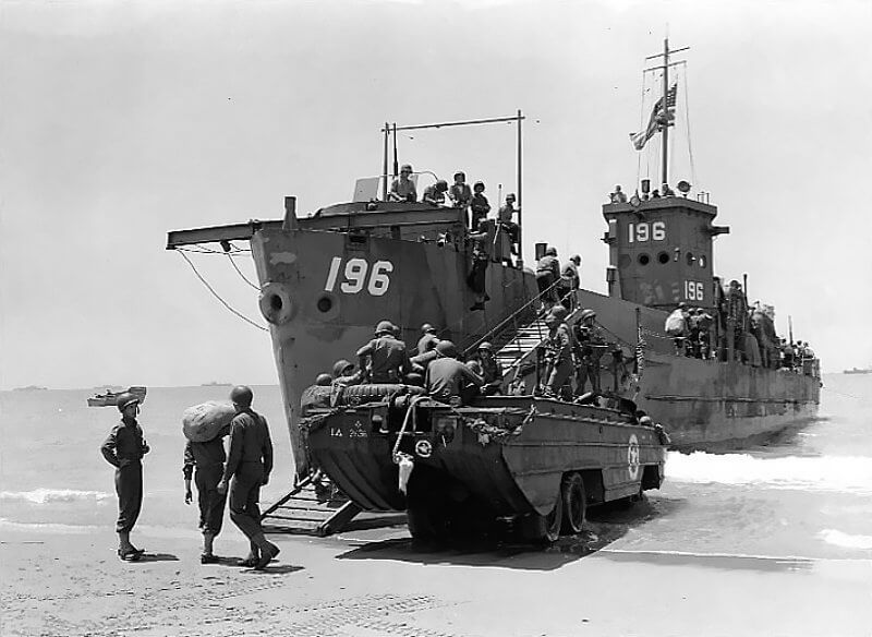 LCI,(L) 196 on the beach of Sicily during Operation Husky.