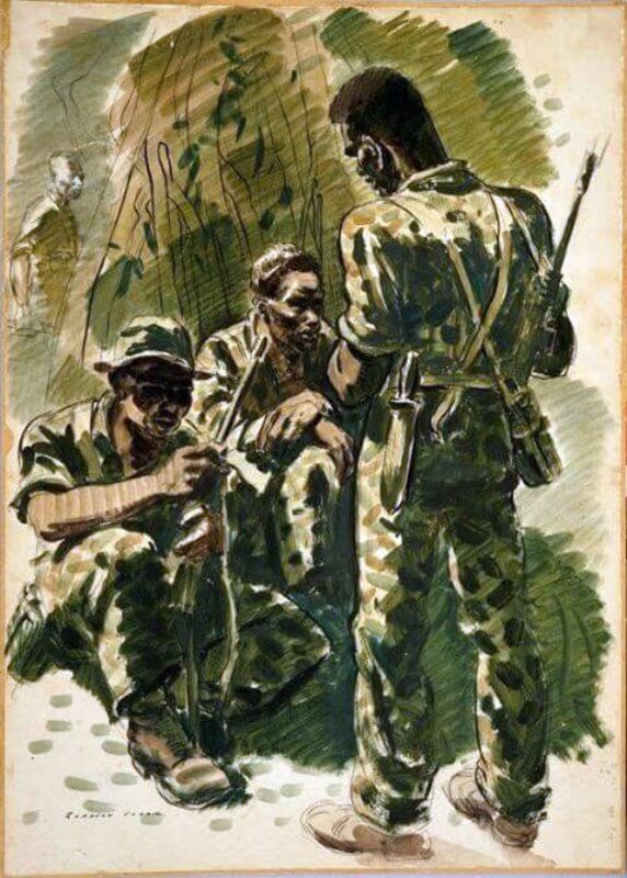1943, Solomon Islands. Fijian commandos relax between patrols. Sketch by Russell Clark, official war artist.