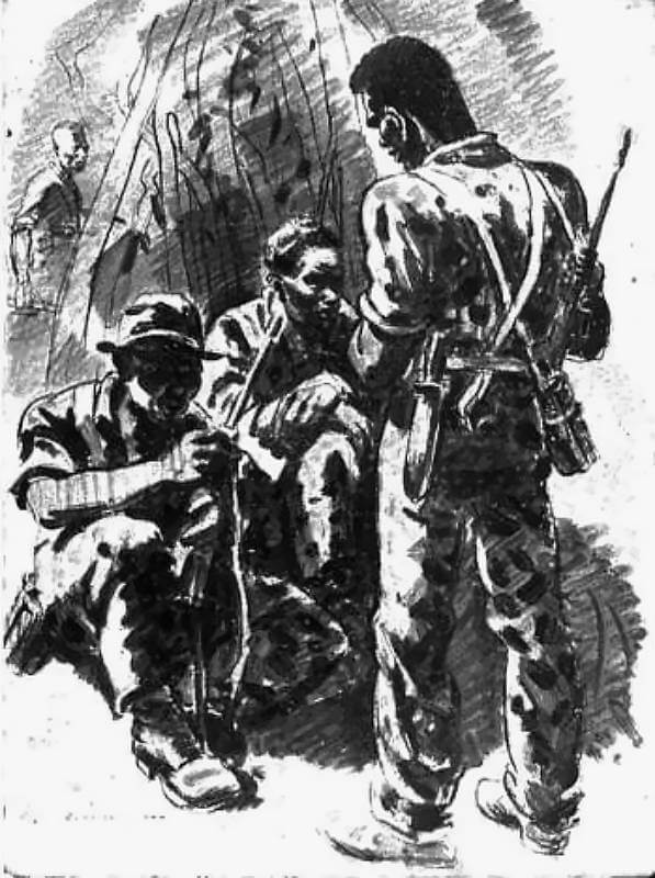 1943, Solomon Islands. Fijian commandos relax between patrols. Sketch by Russell Clark, official war artist.