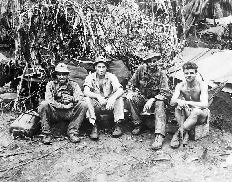1943, New Georgia, Solomon Islands. 1st Commando Fiji Guerrillas operating behind Japanese lines. From left: Norman McKenzie, Ken Dane and Frank Long.