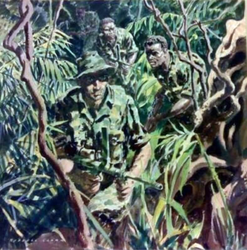 1943, New Georgia Island. A New Zealander leads his patrol of Fijians behind Japanese lines. Painting by Russell Clark, official war artist.