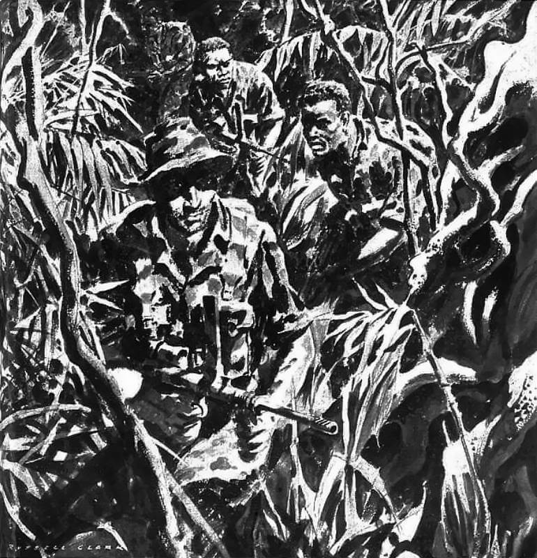 1943, New Georgia Island. A New Zealander leads his patrol of Fijians behind Japanese lines. Painting by Russell Clark, official war artist.