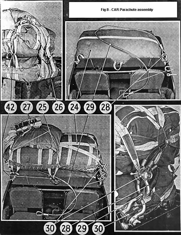 Parachute assemblies mounted on a removable sheet-metal plate covering the rear of the jeep.
24. Parachute bags.
25. Delayed-opening bag for the straps.
26. Double parachute retaining lanyards, arranged in two groups of two.
27. Rubber band retaining the automatic opening strap.
28. Type 914G snap hooks.
29. Suspension cable for the extractor-parachute assembly.
30. Four cables and one strap for the 42-inch cargo bindings, with a pulling capacity of 181 kg.